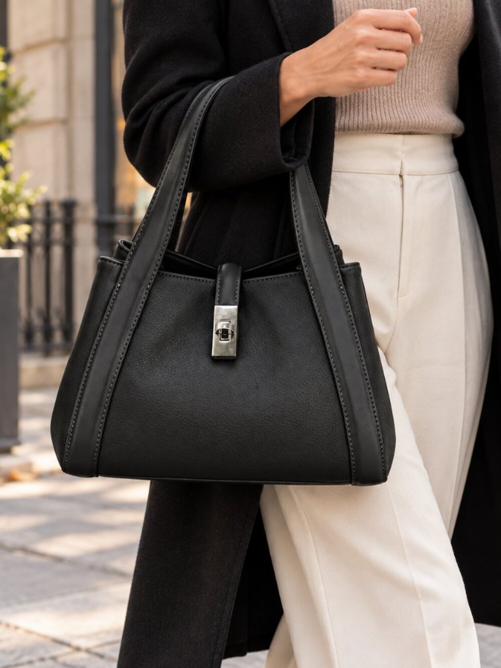 David Jones Black PU Leather Bucket Tote Bag with Silver-Tone Hardware